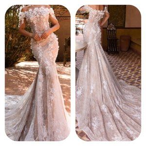 Floral applique beaded wedding dress